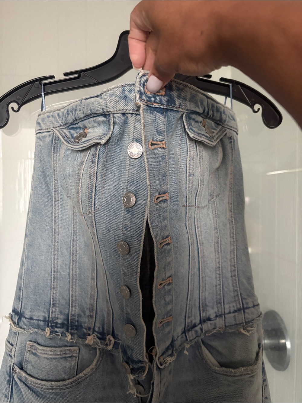 Zara Light Blue Strapless Wide-Leg Denim Jumpsuit - Picture 3 of 4